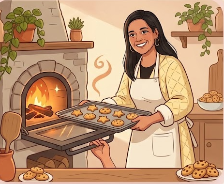 Ilustração de mulher morena sorridente de avental tirando uma bandeja de biscoitos amanteigados do forno a lenha